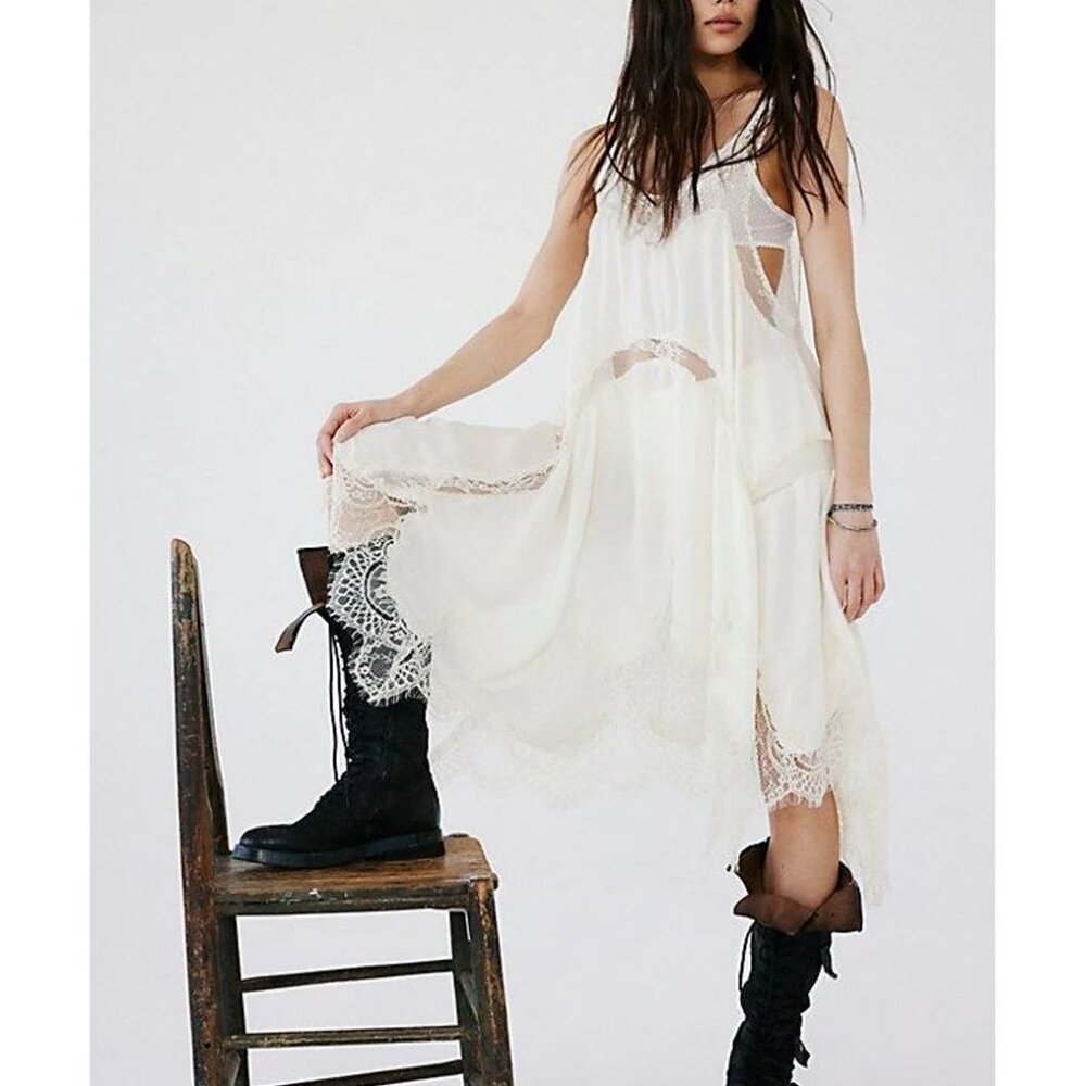 Free People Cream Lace Trim Slip Dress